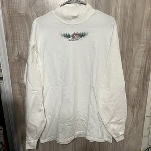 Artisans Mock Neck Long Sleeve Shirt XL White Winter Cabin Scene Graphic